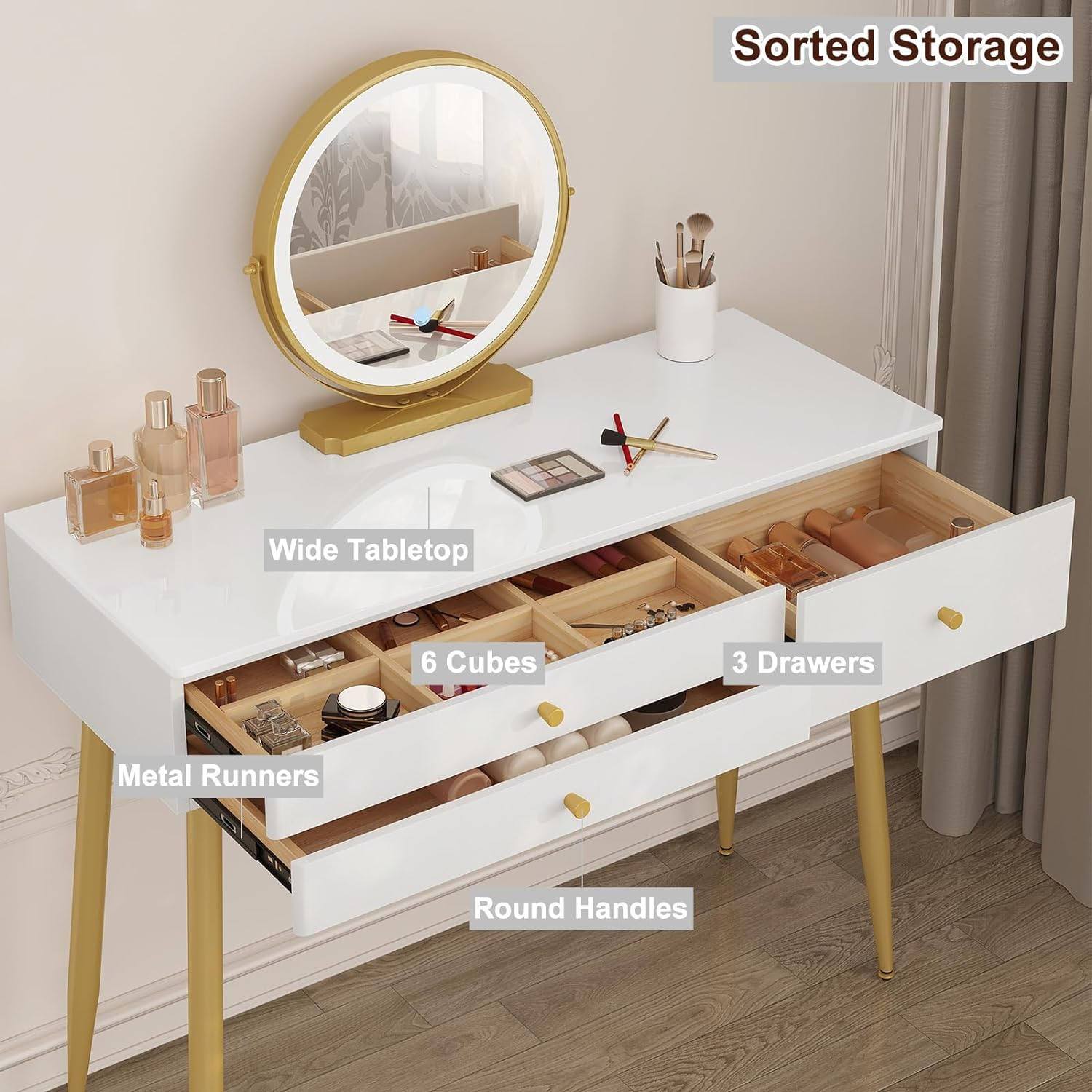 WOLTU MB6105ws Dressing Table with Lighting and Chair, 3 Colours with Adjustable Brightness, Dressing Table with 3 Solid Wood Drawers, Large Table Top 100 x 40 cm, White + Gold