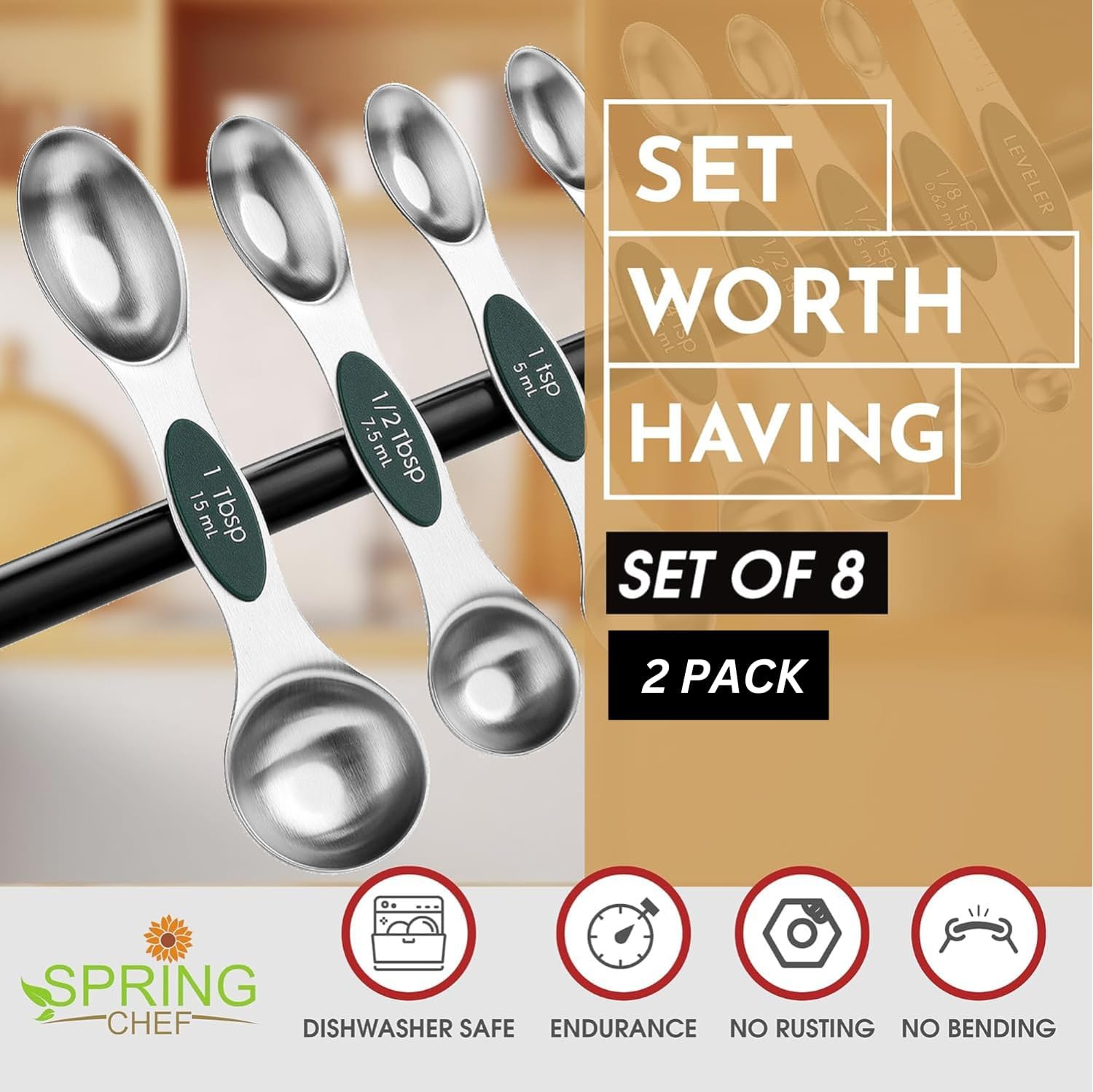 Spring Chef Magnetic Measuring Spoons Set with Strong N45 Magnets, Heavy Duty Stainless Steel Metal, Fits in Most Kitchen Spice Jars for Baking & Cooking, BPA Free, Black, Set of 8 with Leveler