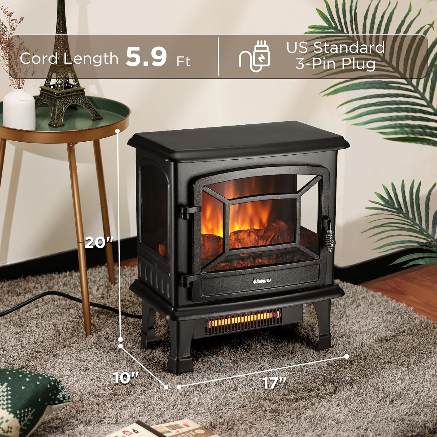 TURBRO Suburbs TS17 Compact Electric Fireplace Stove, 18” Freestanding Stove Heater with Realistic Flame - CSA Certified - Overheating Safety Protection - for Small Spaces - 1400W