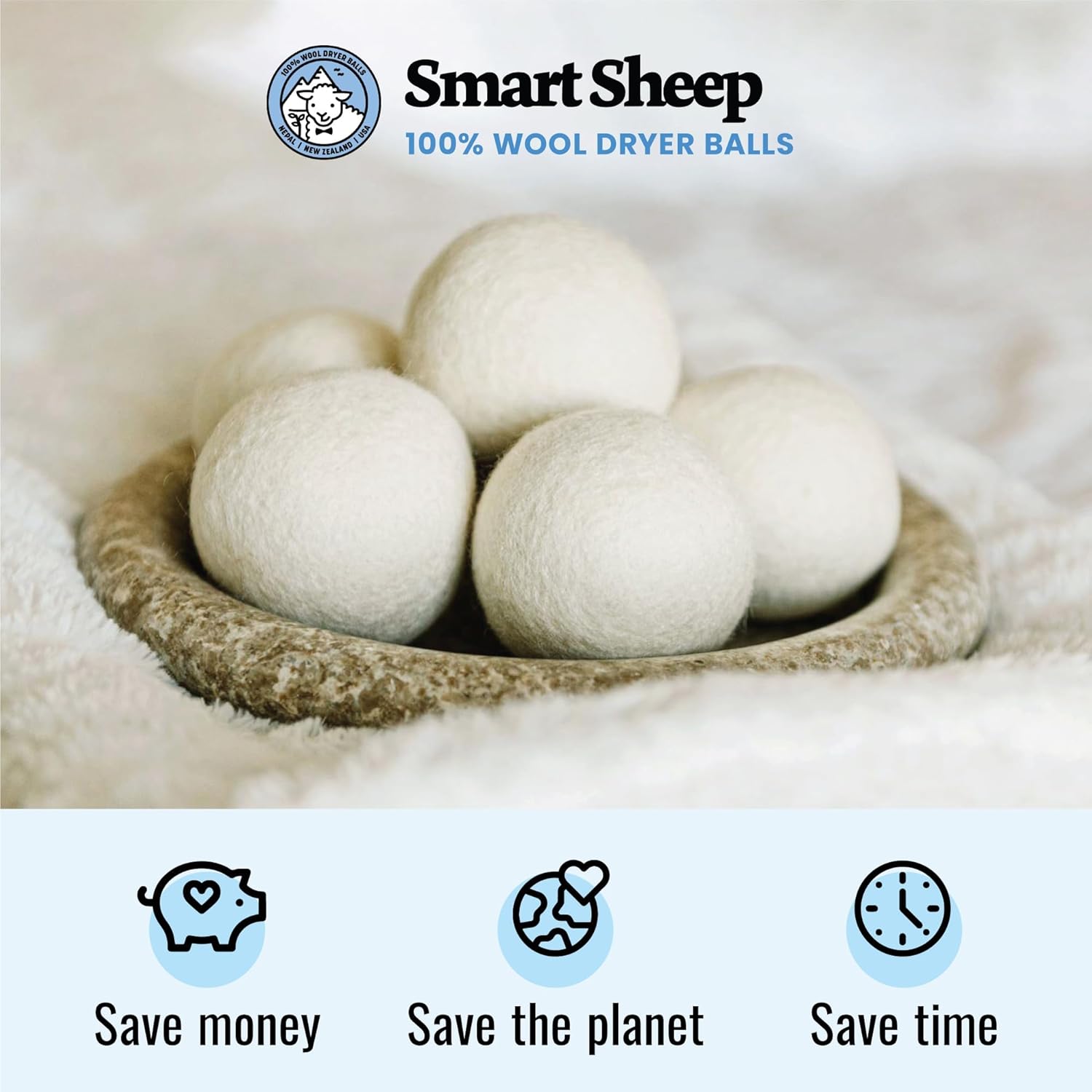 Wool Dryer Balls - Smart Sheep 3-Pack - XL Premium Natural Fabric Softener Award-Winning - Wool Balls Replaces Dryer Sheets - Laundry Balls