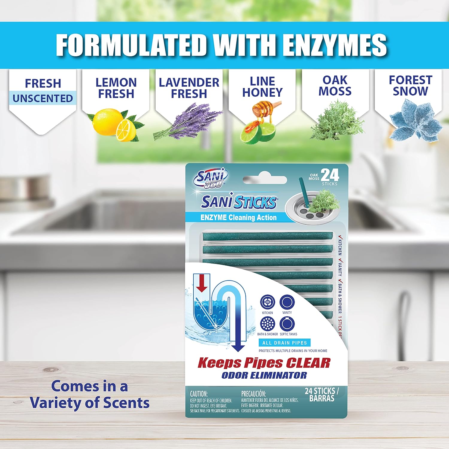 SANI 360° Sani Sticks Drain Cleaner and Deodorizer, Enzyme Pipe Cleaners, Eliminate Odors, Prevent Clogged Drains, Safe for Sinks, Bathtub Drains, Septic Tanks, 24 Count, Lemon Scent