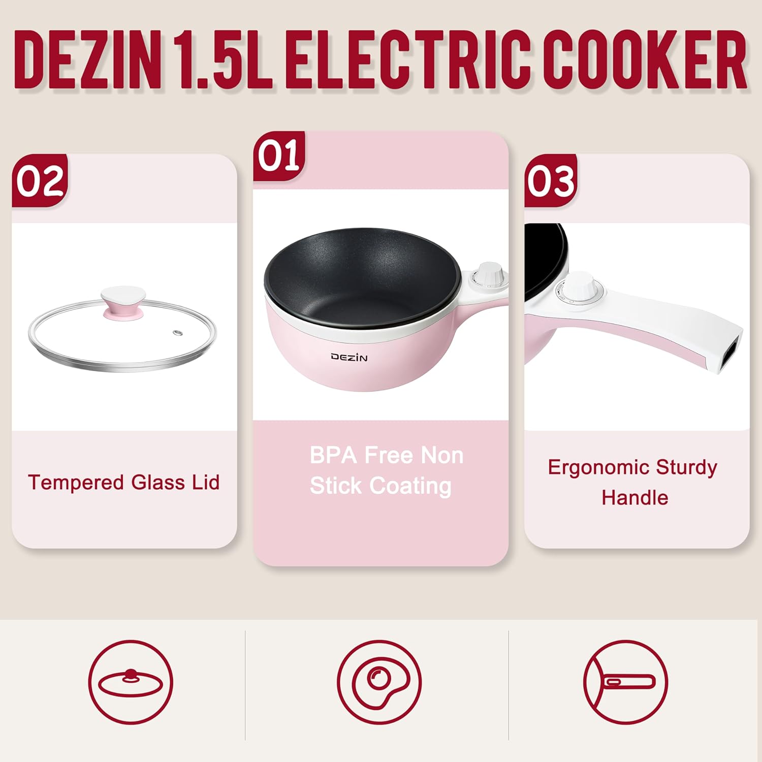 Dezin Hot Pot Electric Upgraded, Non-Stick Sauté Pan, Rapid Noodles Electric Pot, 1.5L Mini Portable Hot Pot for Steak, Egg, Fried Rice, Ramen, Oatmeal, Soup with Power Adjustment(Egg Rack Included)