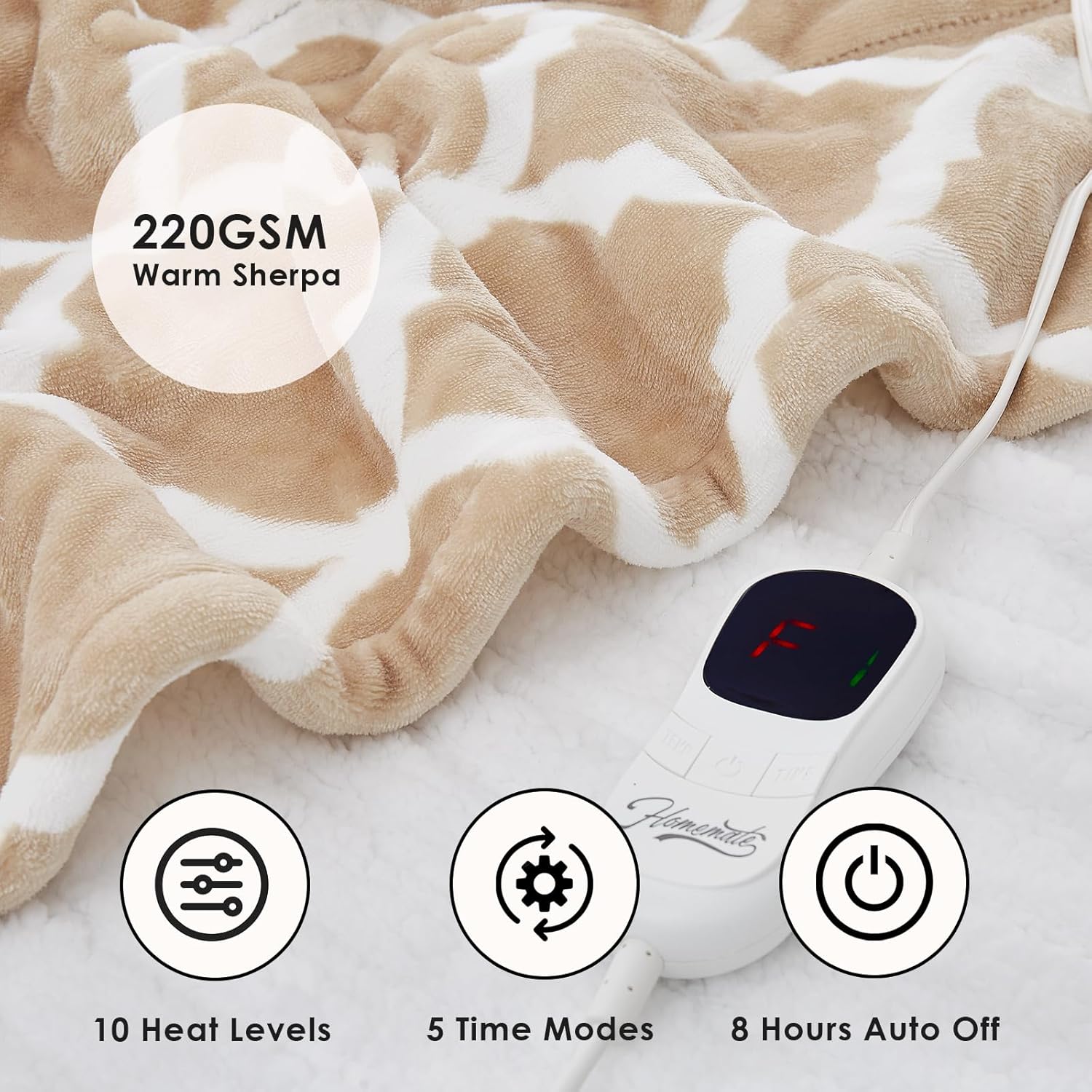 Homemate Heated Blanket Electric Throw - 50“x60“ Heating Blanket with 10 Fast Heat Levels 8 Hours Auto Off Soft Cozy Flannel Over-Heated Protection ETL Certification Keep Warming in Home