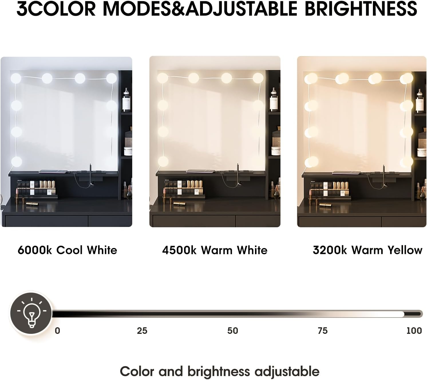 Maupvit Vanity Desk with Mirror and Lights, White Vanity with Bedside Table, 5 Drawers Large Capacity, Metal Silver Handle, Makeup Vanity with 10 Led Lights And Charging Station