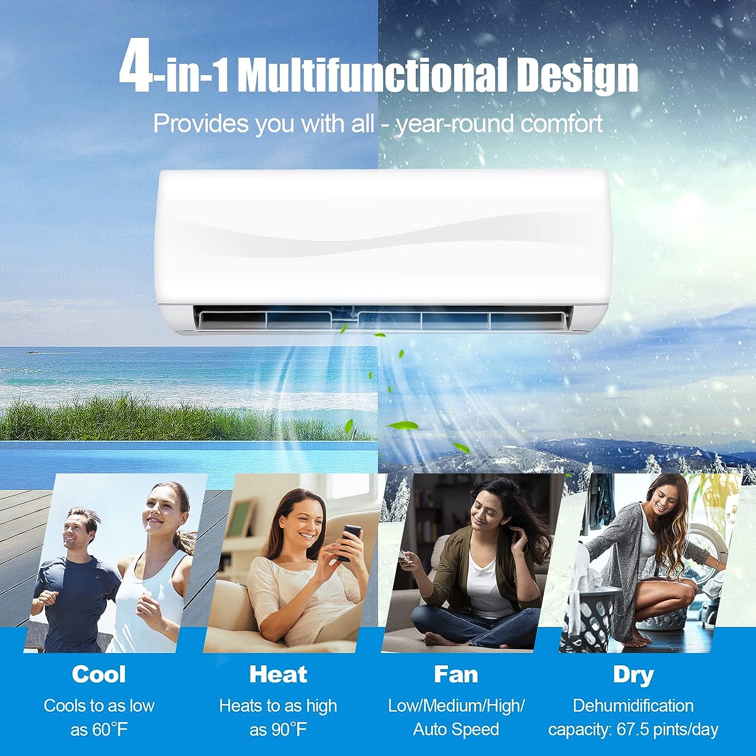 2025 PETSITE 18000 BTU Air Conditioner, 19 SEER2 208-230V Wall Mounted Ductless AC Unit Energy Saving with Installation Kit Cools Rooms up to 1250 Sq. Ft, White