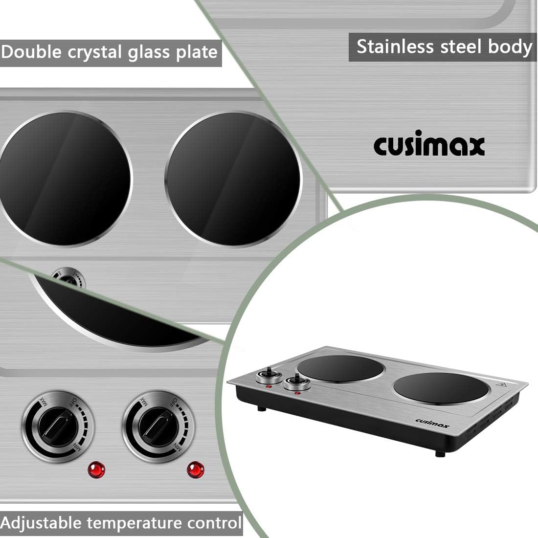 CUSIMAX Electric Hot Plate for Cooking Portable Single Burner 1500W Cast Iron hot plates Heat-up in Seconds Adjustable Temperature Control Stainless Steel Non-Slip Rubber Feet Upgraded Version B101