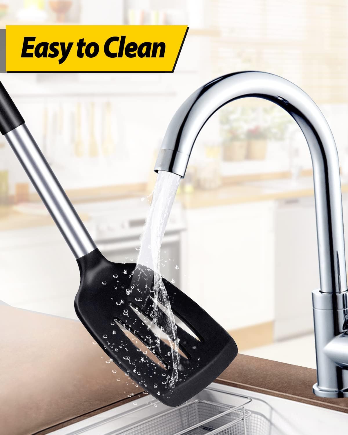 Pack of 2 Silicone Solid Turner,Non Stick Slotted Kitchen Spatulas,High Heat Resistant BPA Free Cooking Utensils,Ideal Cookware for Fish,Eggs,Pancakes (Black)