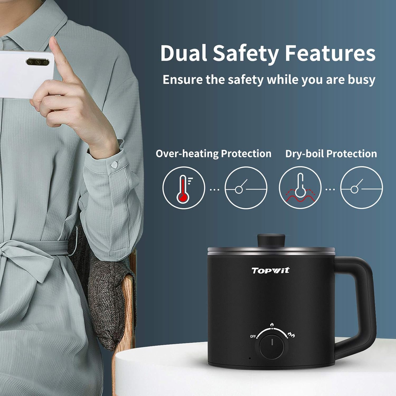 Topwit Hot Pot Electric, Electric Pot, 1.6L Ramen Cooker, Multifunctional Electric Cooker for Pasta, Shabu-Shabu, Oatmeal, Soup and Egg with Over-Heating Protection, Boil Dry Protection, Blue