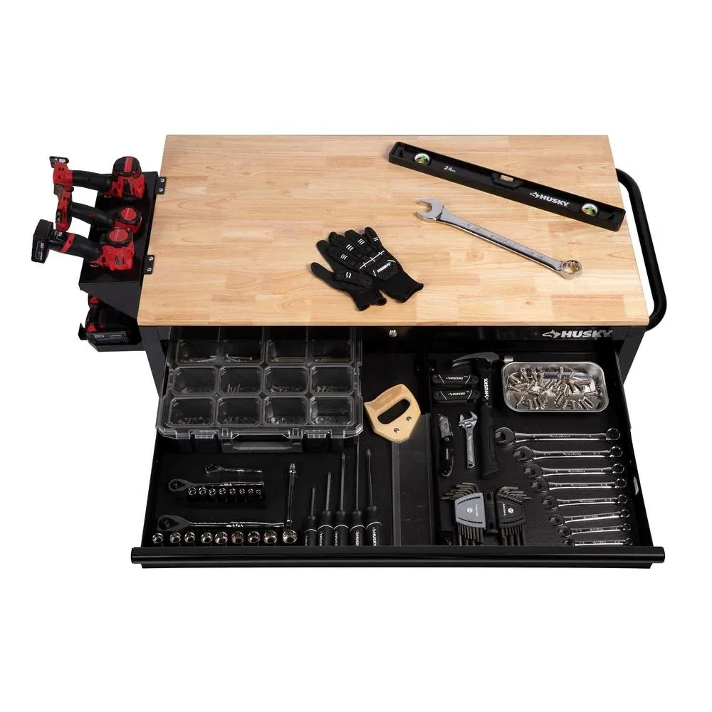 —46 in. W x 24.5 in. D 9-Drawer Gloss Black Deep Tool Chest Mobile Workbench with Hardwood Top and Power Station