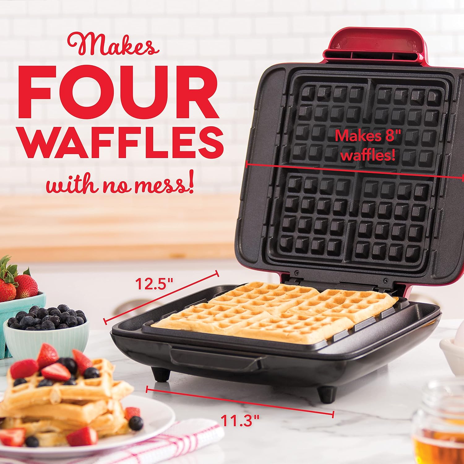 DASH No-Drip Waffle Maker - Four Waffle Molds, Nonstick Waffle Iron with Quick Heat-Up, Nonstick Surface - Perfect Waffle Maker for Kids and Families, Just Add Batter