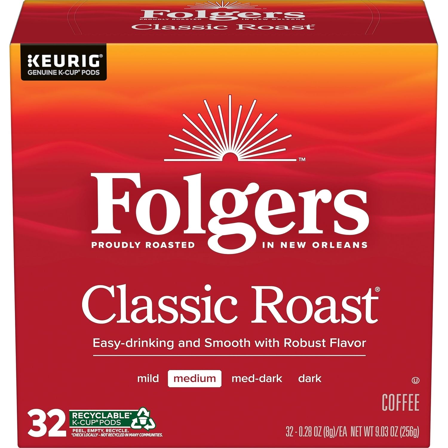 Folgers Classic Roast Medium Roast Coffee, 72 Keurig K-Cup Pods