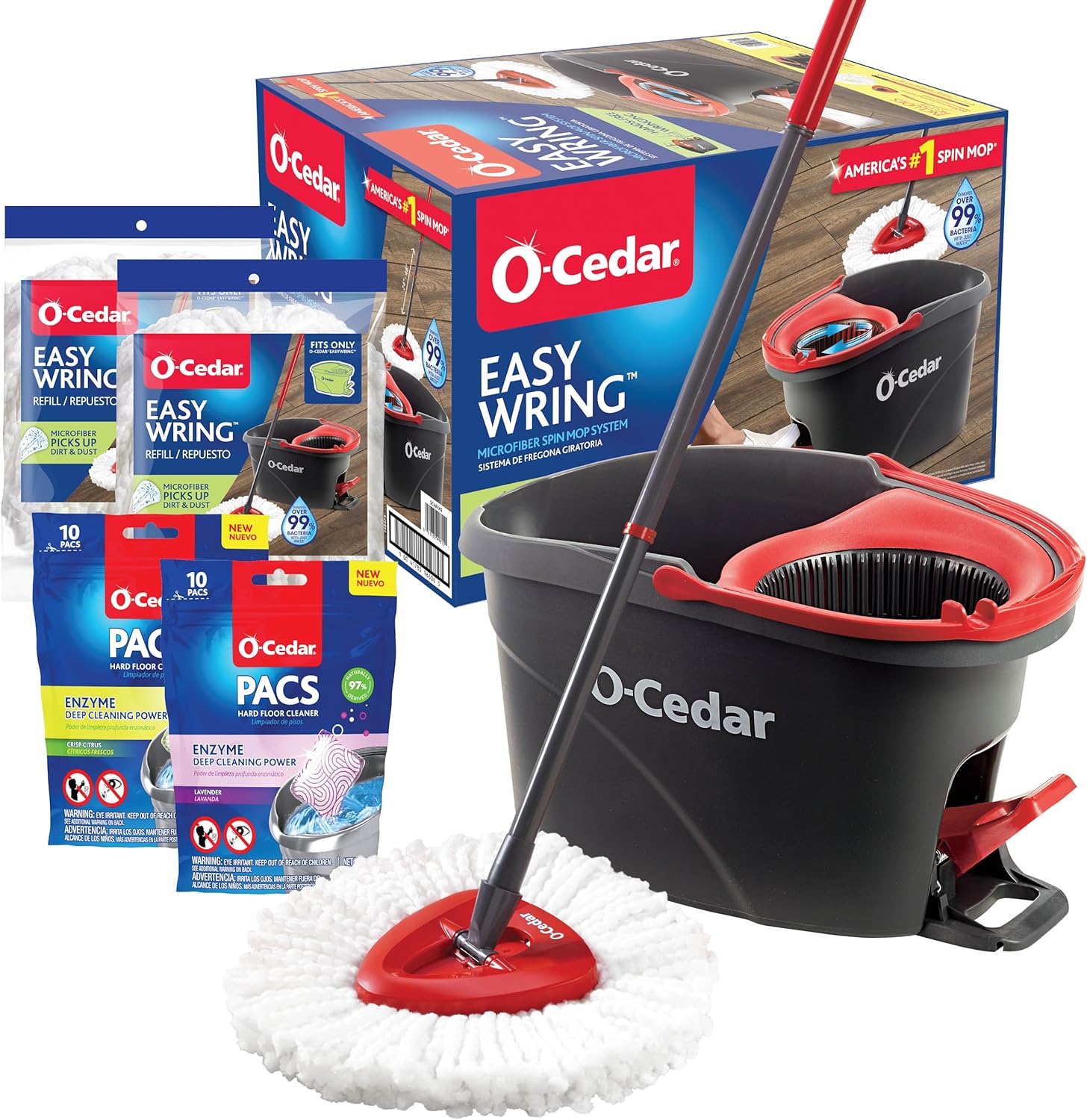 O-Cedar EasyWring Microfiber Spin Mop & Bucket Floor Cleaning System + 2 Extra Refills, Red/Gray