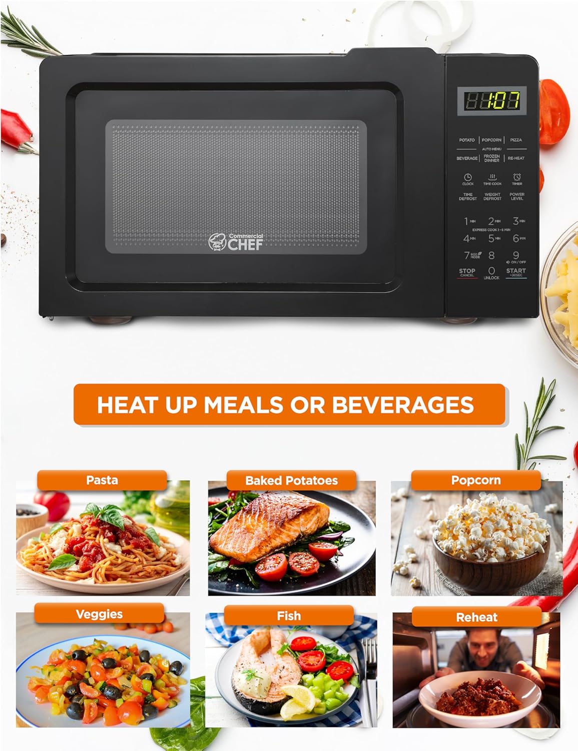COMMERCIAL CHEF 0.6 Cubic Foot Microwave with 6 Power Levels, Small Microwave with Grip Handle, 700W Countertop Microwave with 30 Minute Timer and Mechanical Dial Controls, White