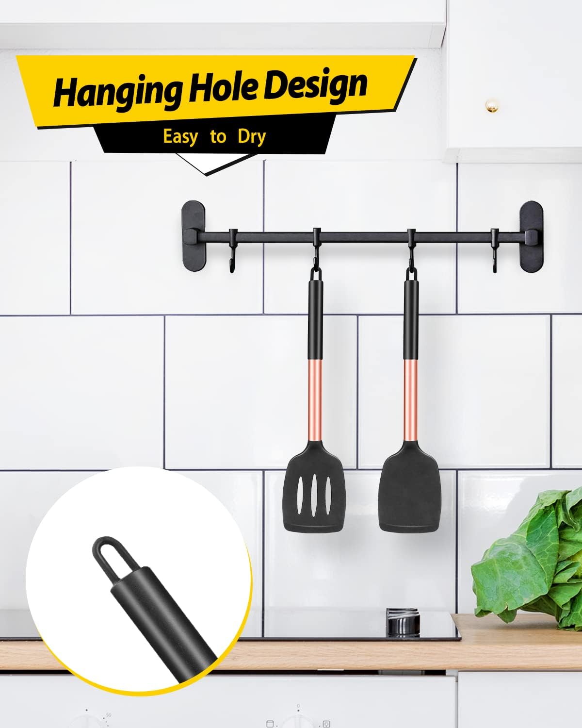 Pack of 2 Silicone Solid Turner,Non Stick Slotted Kitchen Spatulas,High Heat Resistant BPA Free Cooking Utensils,Ideal Cookware for Fish,Eggs,Pancakes (Black)