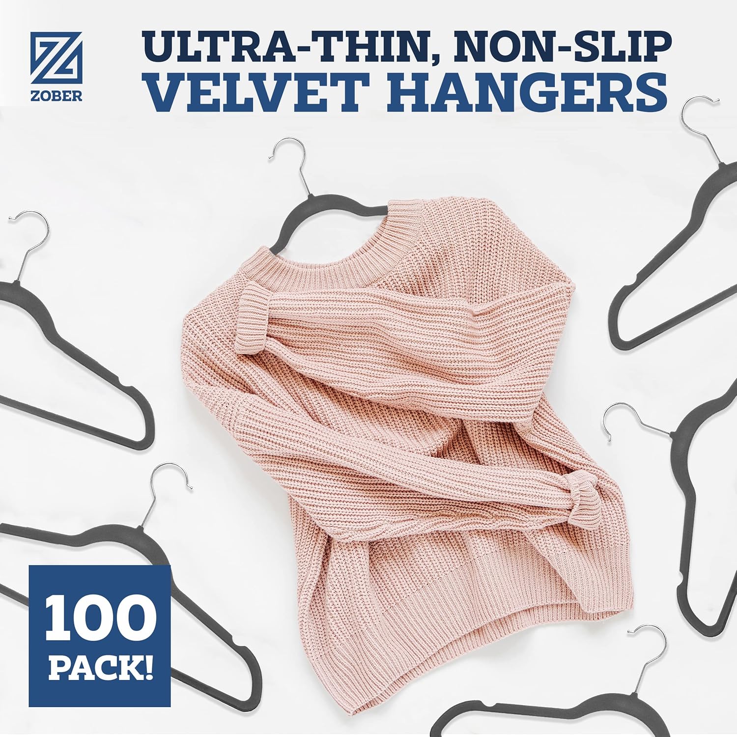 Zober Velvet Hangers 50 Pack - Heavy Duty Black Hangers for Coats, Pants & Dress Clothes - Non Slip Clothes Hanger Set - Space Saving Felt Hangers for Clothing