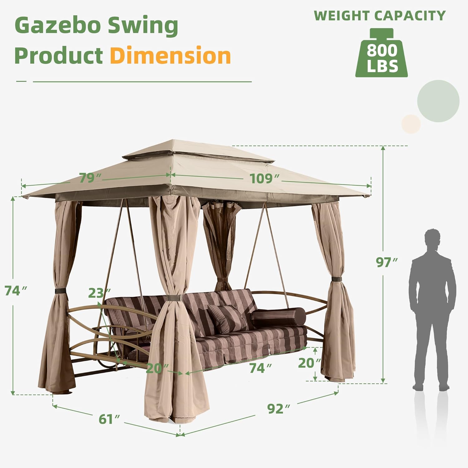 💖Clearance sale✨PURPLE LEAF 3 Person Outdoor Patio Porch Swing Gazebo with Netting & Gazebo Curtains with Canopy Swings for Adults