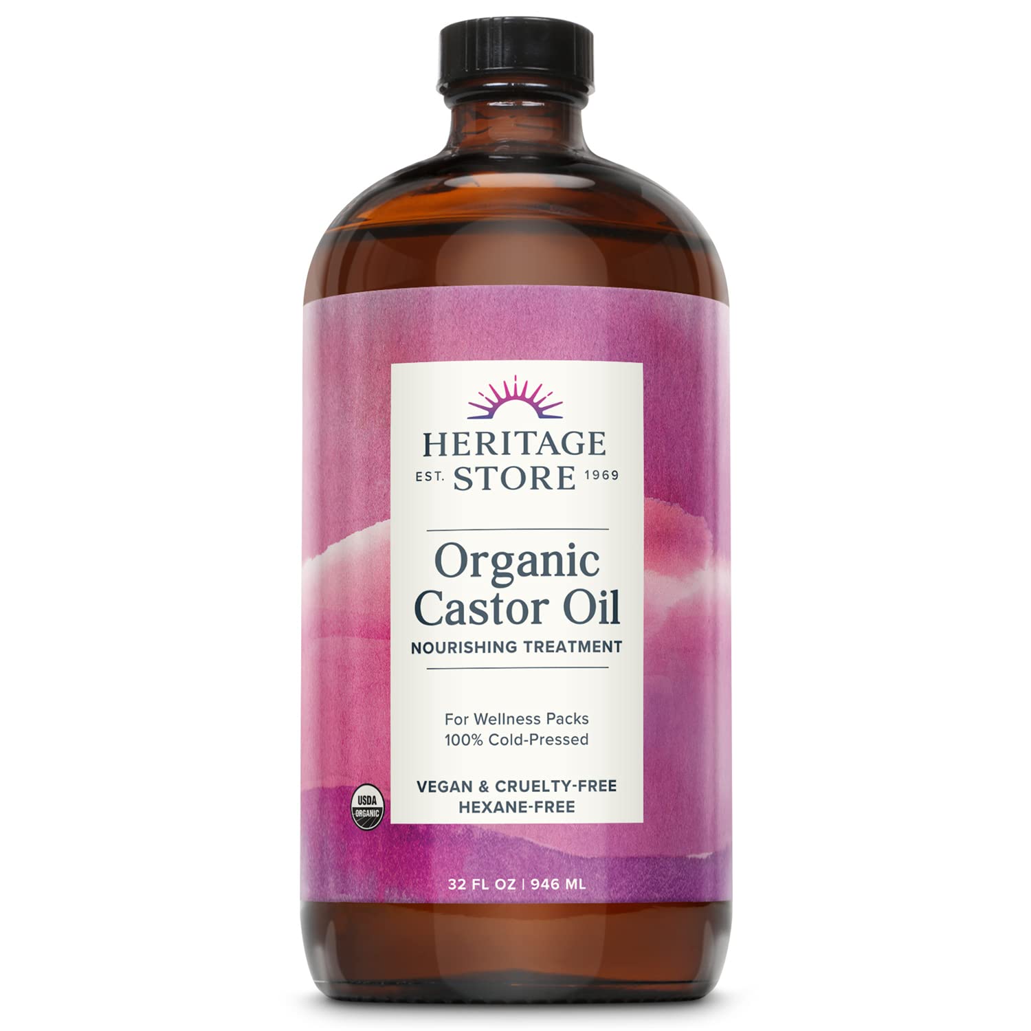 HERITAGE STORE Organic Castor Oil, Glass Bottle, Cold Pressed, Rich Hydration for Hair & Skin, Bold Lashes & Brows 16oz