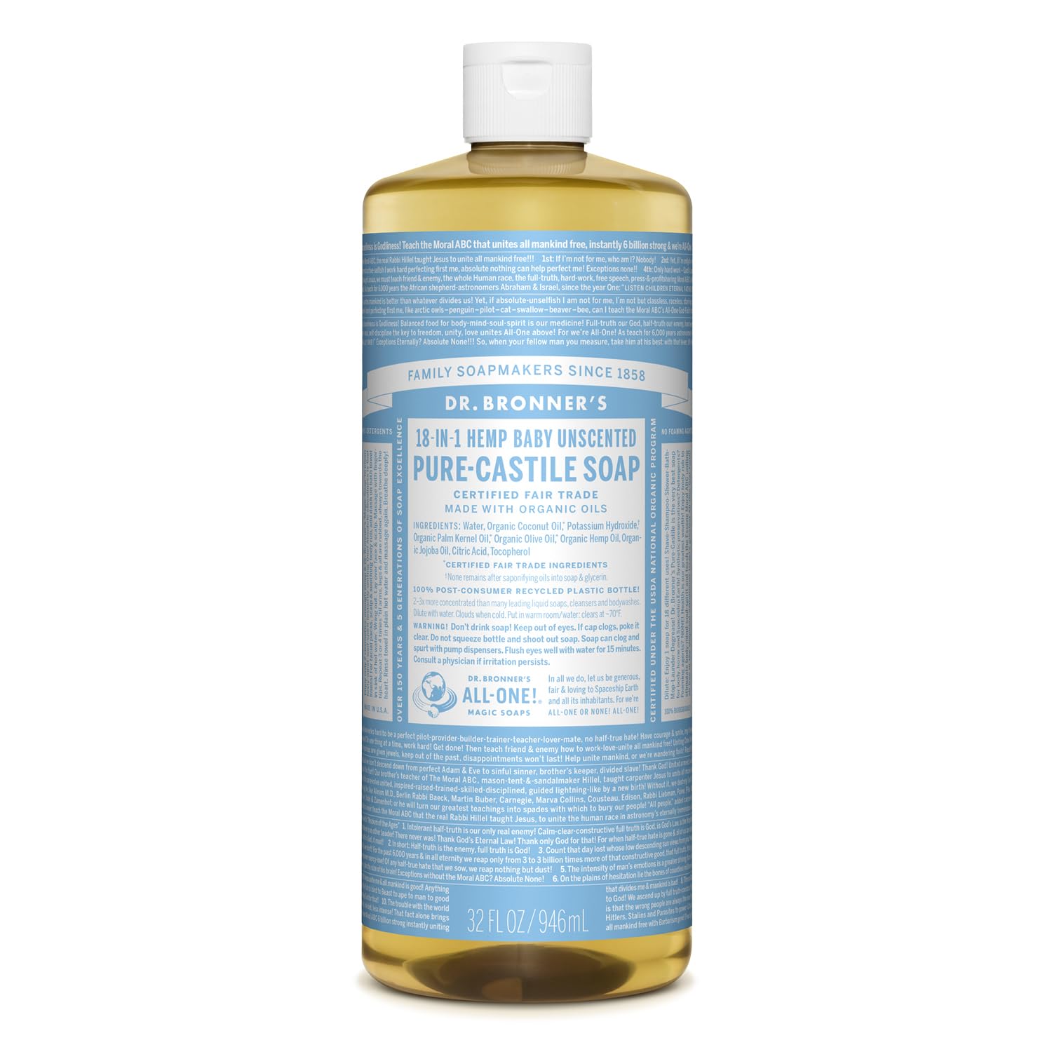 Dr. Bronner's - Pure-Castile Liquid Soap (Baby Unscented, 8 Ounce) - Made with Organic Oils, 18-in-1 Uses: Face, Hair, Laundry, Dishes, For Sensitive Skin, Babies, No Added Fragrance, Vegan, Non-GMO