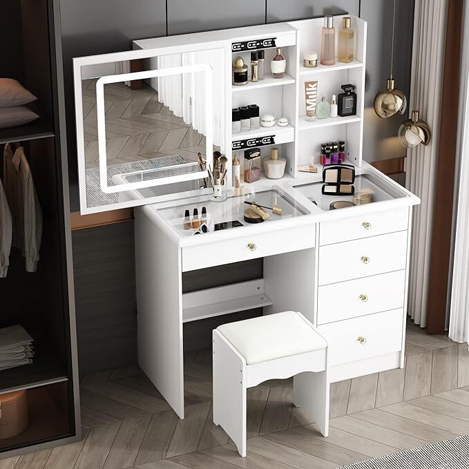 Christmas promotion, Vanity Desk Set Makeup Table with Large Sliding Lighted Mirror & Glass Top, Modern Dressing Table with Drawers, Storage Shelves & Stool for Bedroom