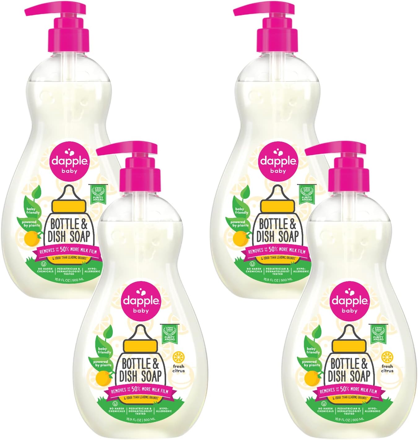 Dapple Baby Bottle Soap, Hypoallergenic Dish Soap for Baby Bottles, Powered by Plants, 1 Pump Included, Packaging May Vary, Fragrance Free, 16.9 Fl Oz (Pack of 3)