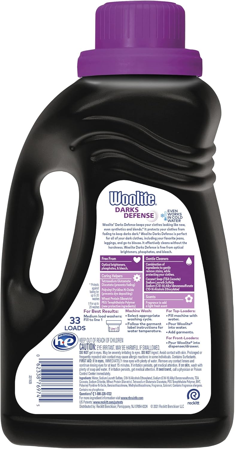 Woolite Darks Defense Liquid Laundry Detergent, Woolite Dark, Laundry Detergent, 66 Loads, 100 Fl Oz, HE & Regular Washers, Packaging May Vary