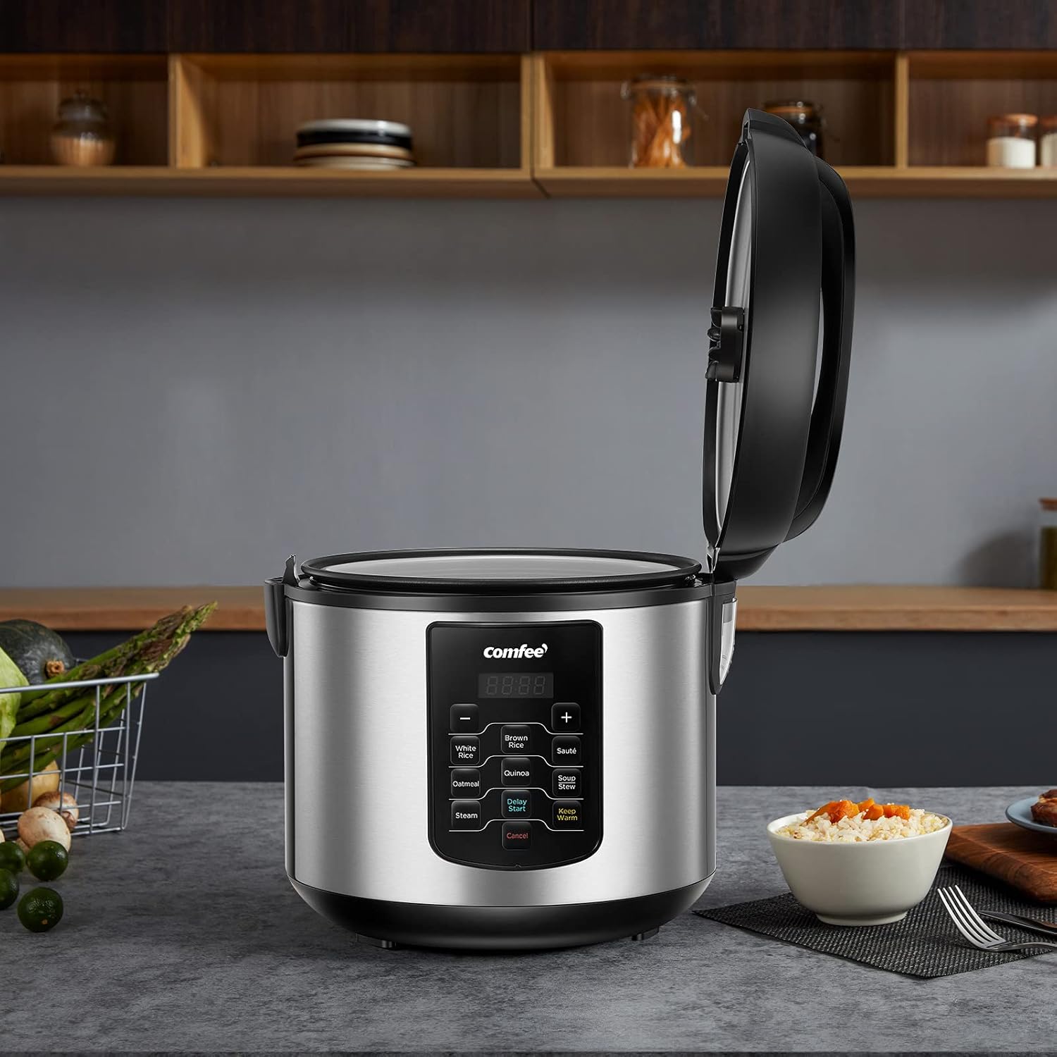 COMFEE' Compact Rice Cooker, 6-in-1 Stainless Steel Multi Cooker, Slow Cooker, Steamer, Saute, and Warmer, 2 QT, 8 Cups Cooked(4 Cups Uncooked), Brown Rice, Quinoa and Oatmeal, 6 One-Touch Programs