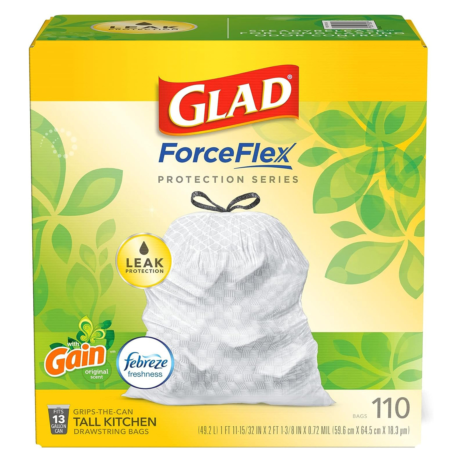 Glad Protection Series Force Flex Drawstring Gain Original Odor Shield 13 Gallon 1/110ct