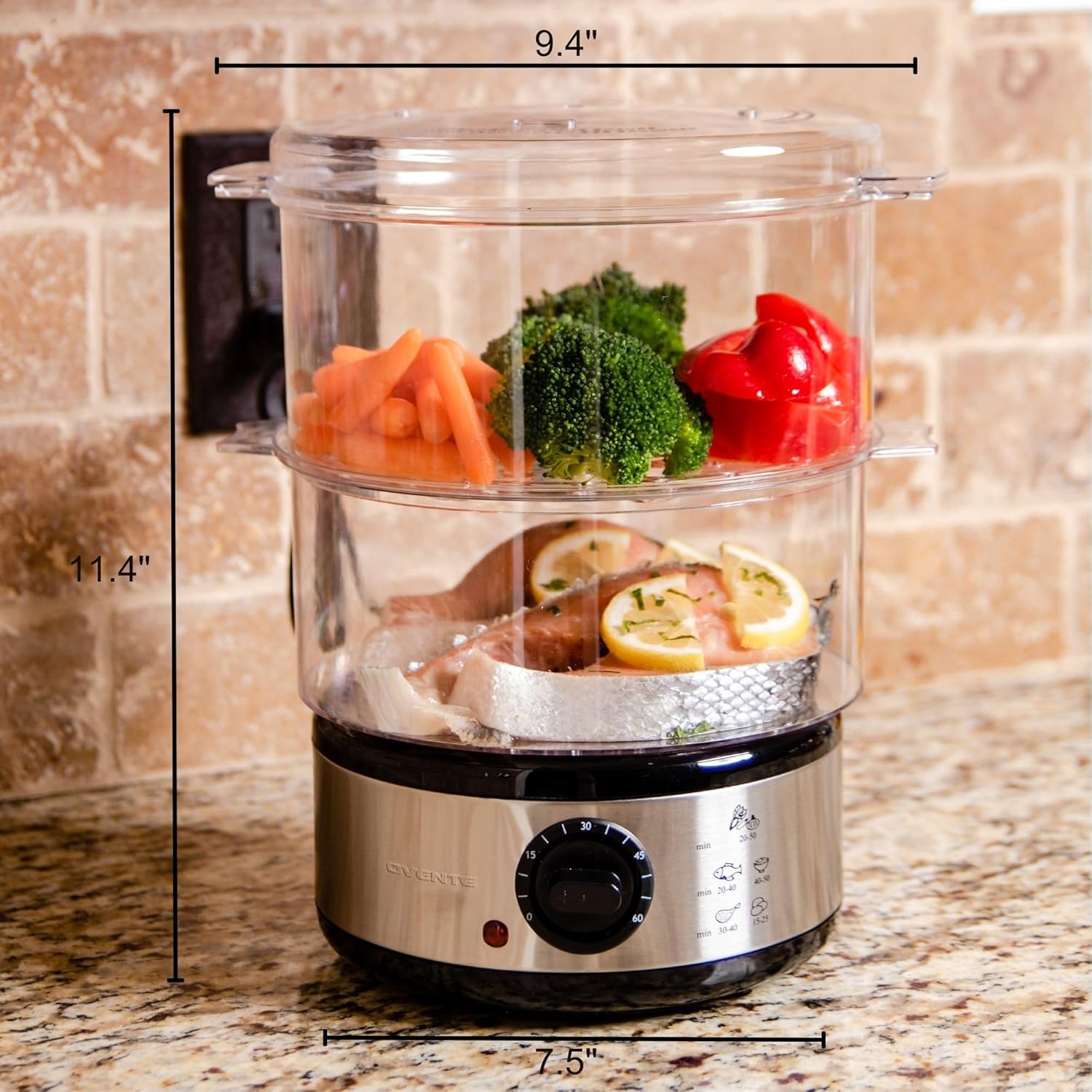 OVENTE 2 Tier Electric Food Steamer for Cooking Vegetables, Stainless Steel Base, Stackable and Dishwasher Safe Baskets, 400W with Auto Shutoff and 60-Minute Timer, 5 Quart Capacity, Silver FS62S