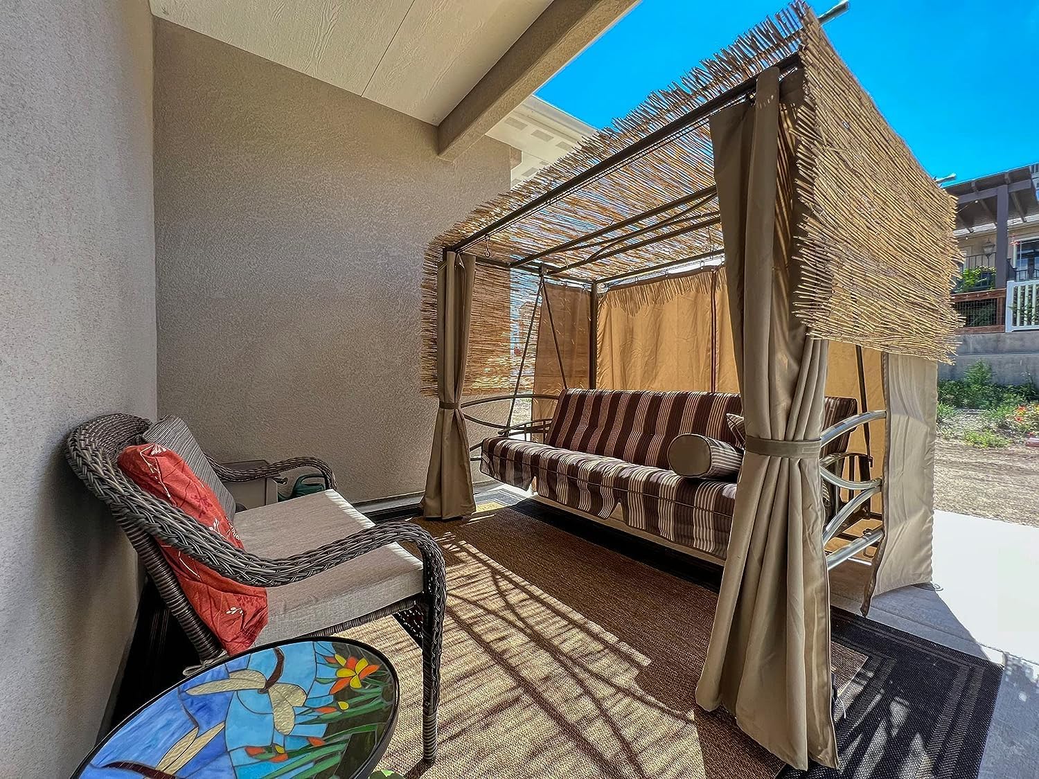 💖Clearance sale✨PURPLE LEAF 3 Person Outdoor Patio Porch Swing Gazebo with Netting & Gazebo Curtains with Canopy Swings for Adults