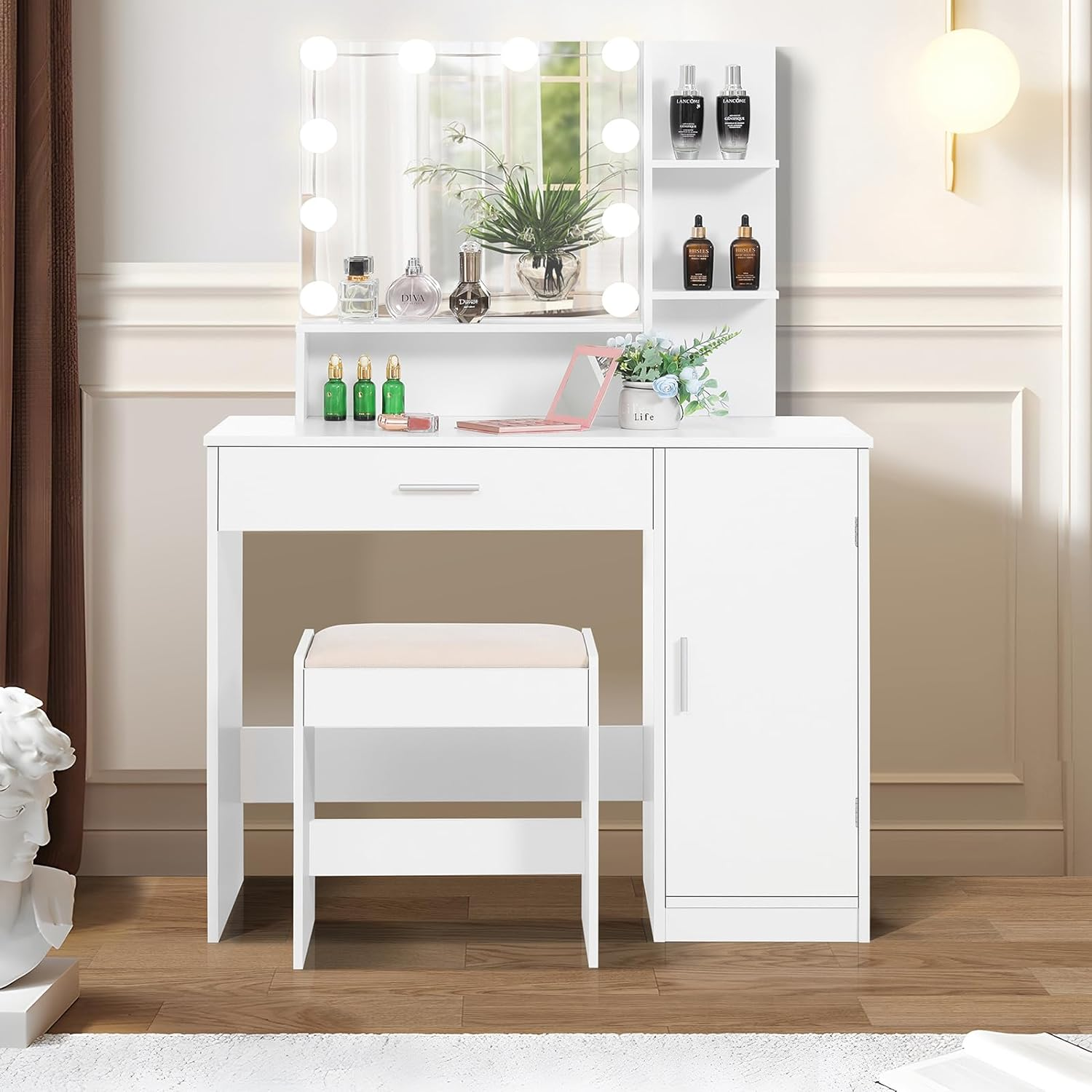 usikey Makeup Vanity Desk , Vanity Mirror with Lights and Table Set with Drawer, Cabinet & 3 Shelves, Makeup Vanity Set with 3 Lighting Modes Brightness Adjustable for Bedroom, White