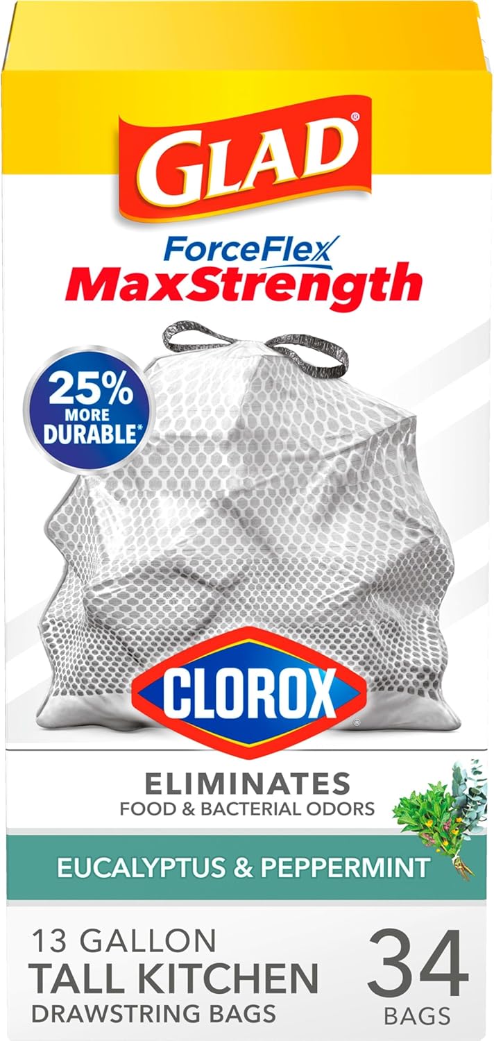 Glad ForceFlex MaxStrength with Clorox Trash Bags, 13 Gal, Lemon Fresh Bleach, 90 Ct, Pack May Vary