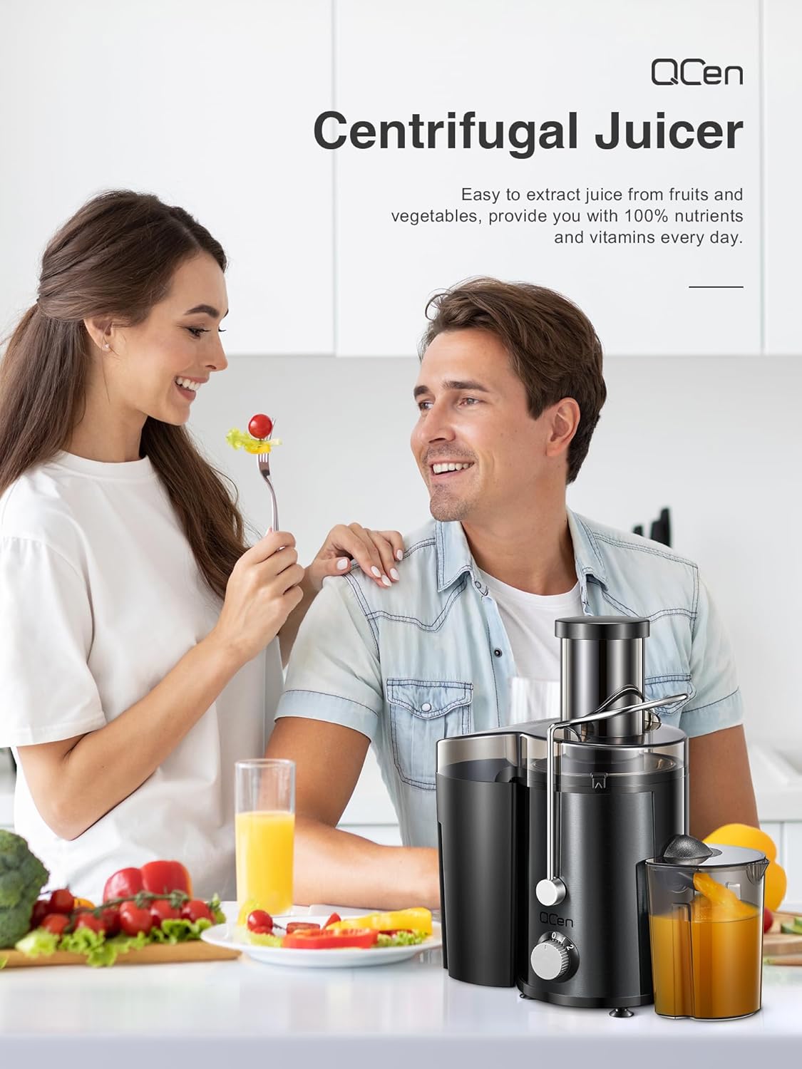 Qcen Juicer Machine, 800W Centrifugal Juicer Extractor with Wide Mouth 3” Feed Chute for Fruit Vegetable, Easy to Clean, Stainless Steel, BPA-free (Black)