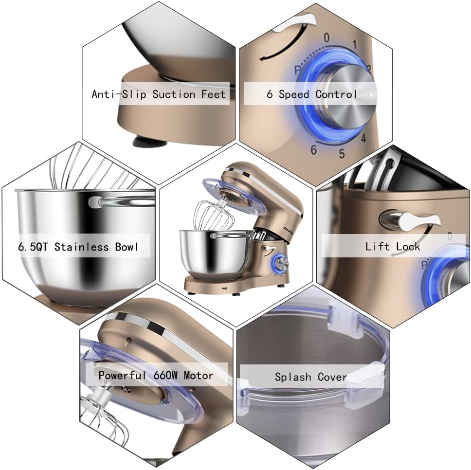 Aucma Stand Mixer,6.5-QT 660W 6-Speed Tilt-Head Food Mixer, Kitchen Electric Mixer with Dough Hook, Wire Whip & Beater (6.5QT, Black)