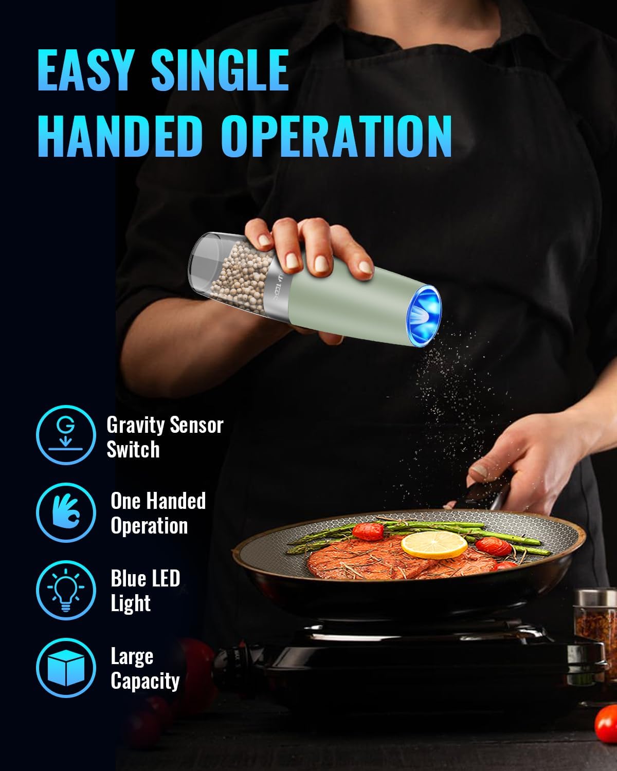 Sweet Alice Gravity Electric Pepper and Salt Grinder Set, Adjustable Coarseness, Battery Powered with LED Light, One Hand Automatic Operation, Stainless Steel Black, 2 Pack