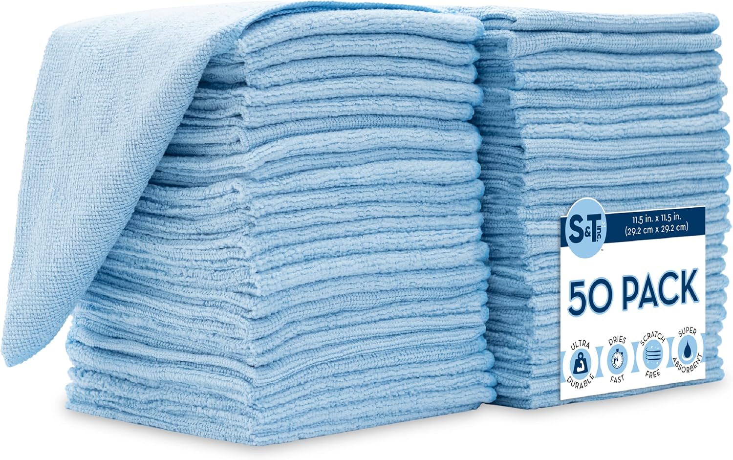 S&T INC. 150 Pack Microfiber Cleaning Cloth, Bulk Microfiber Towel for Home, Reusable Microfiber Towels for Cars, Light Blue, 11.5 in. x 11.5 in., 150 Count