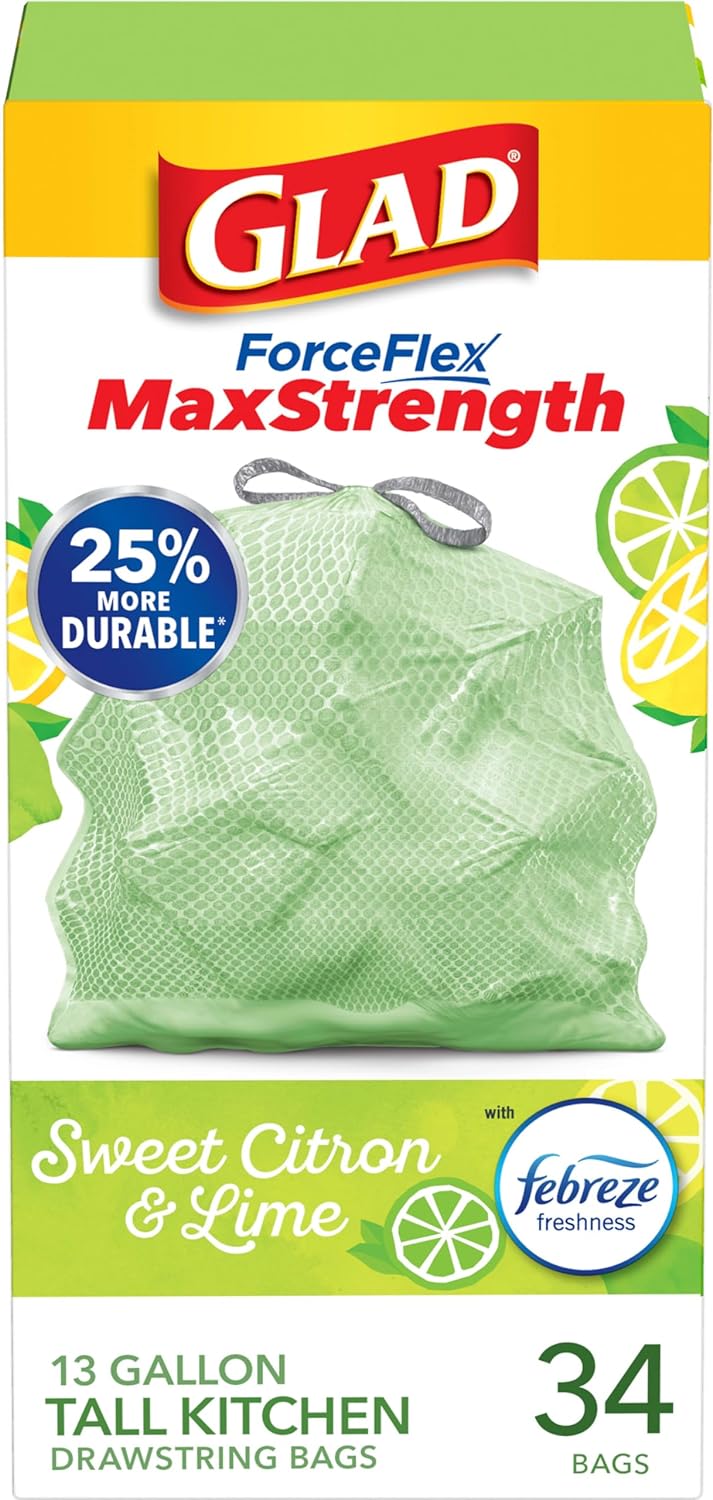 Glad ForceFlex MaxStrength with Clorox Trash Bags, 13 Gal, Lemon Fresh Bleach, 90 Ct, Pack May Vary