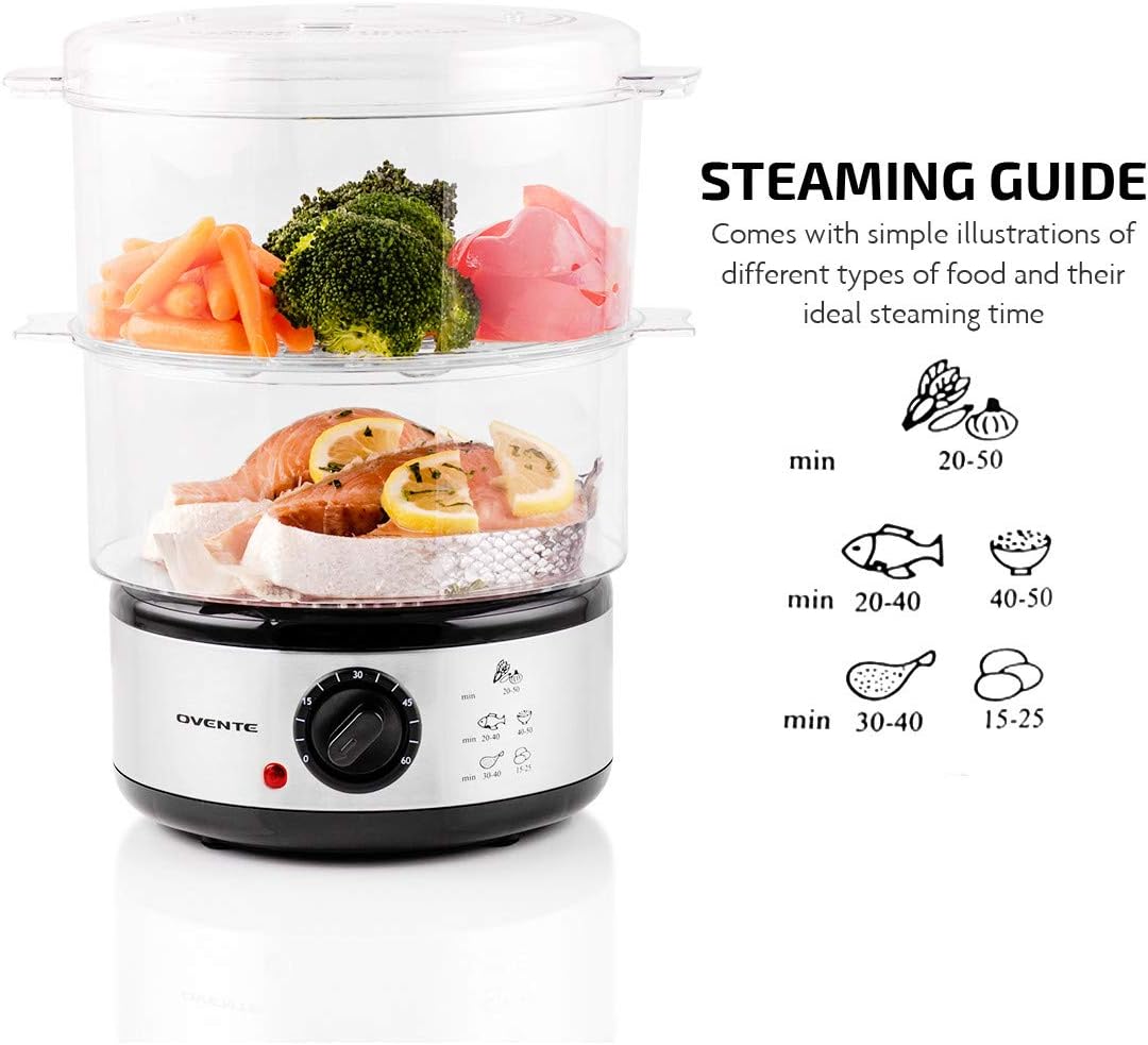 OVENTE 2 Tier Electric Food Steamer for Cooking Vegetables, Stainless Steel Base, Stackable and Dishwasher Safe Baskets, 400W with Auto Shutoff and 60-Minute Timer, 5 Quart Capacity, Silver FS62S
