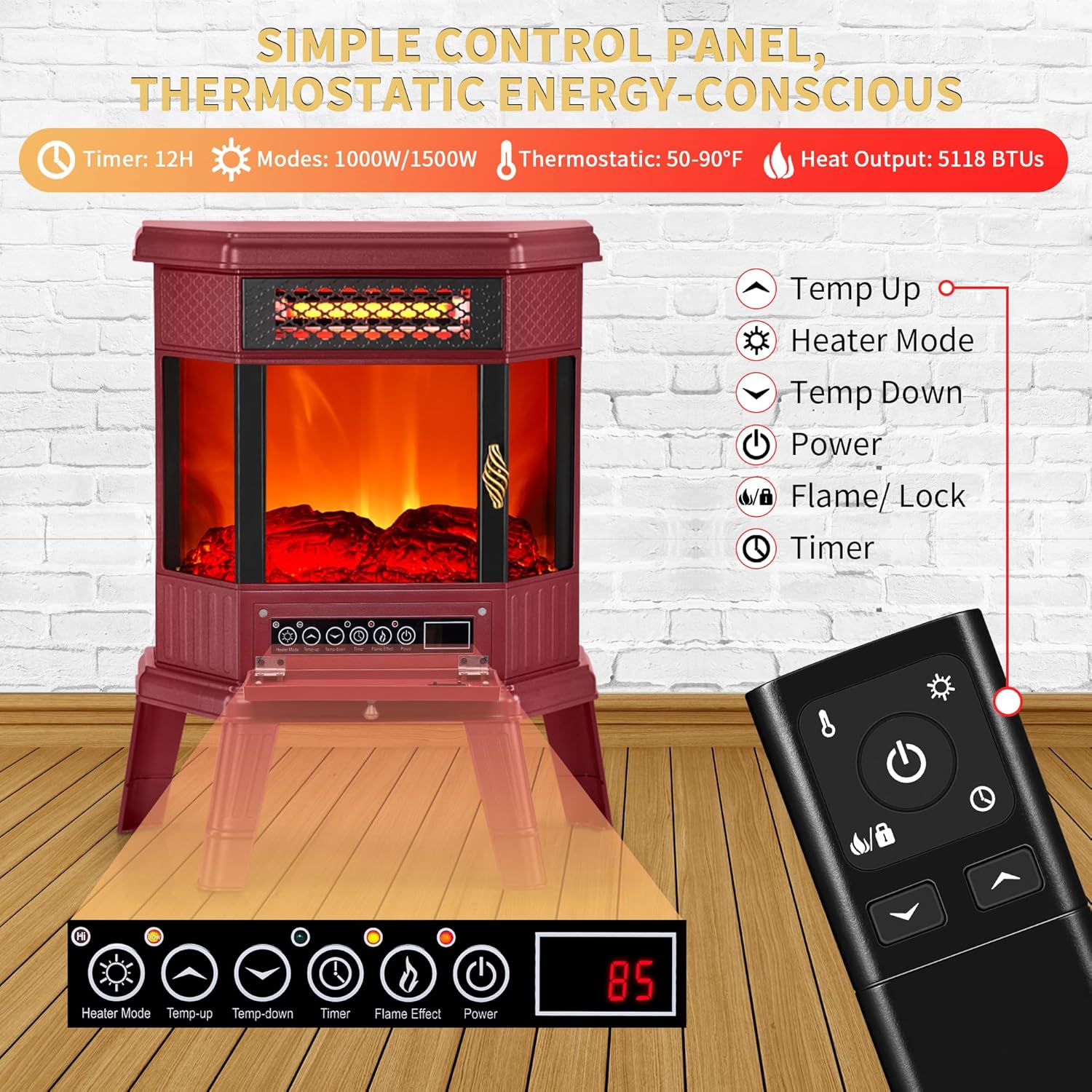 RealSmart Electric Fireplace Heater 22 in Freestanding Fireplace Stove Infrared Fireplace with 3D Flame Effect Remoted Control, Timer, Overheating Protection (Gray)