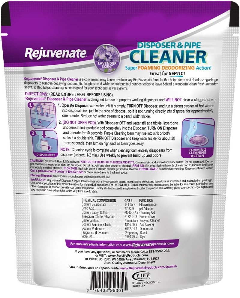 Rejuvenate Garbage Disposal and Drain Pipe Cleaner Powerful Foaming Action and Removes Garbage Disposal Smells 6 Unit Pack Lavender Scent