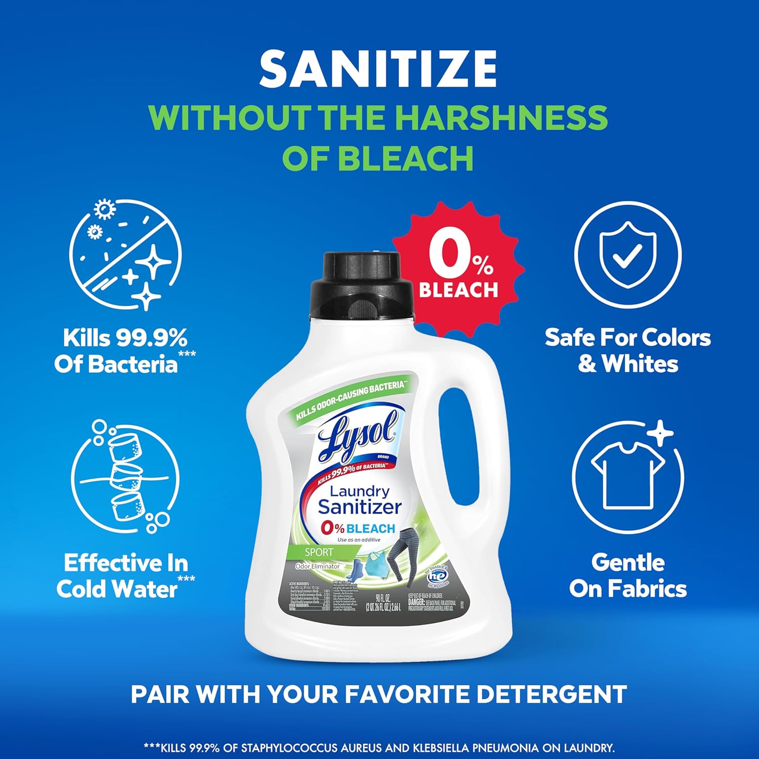 Lysol Sport Laundry Sanitizer Additive, Sanitizing Liquid for Gym Clothes and Activewear, Eliminates Odor Causing Bacteria, 90oz