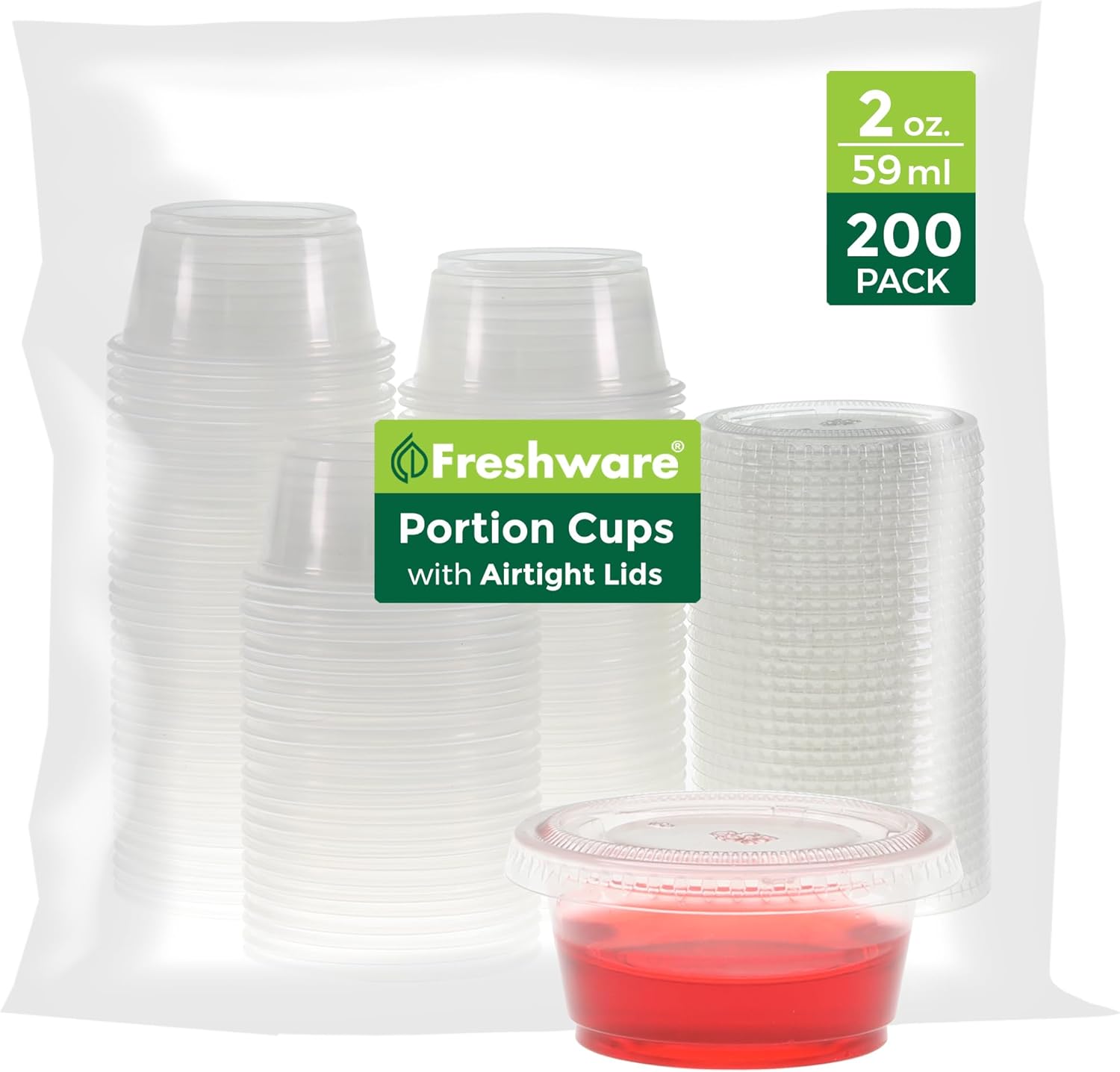 Freshware 200-Piece Polypropylene Portion Cups, Clear | 2 Ounce | 200 Sets | Cups with Lids