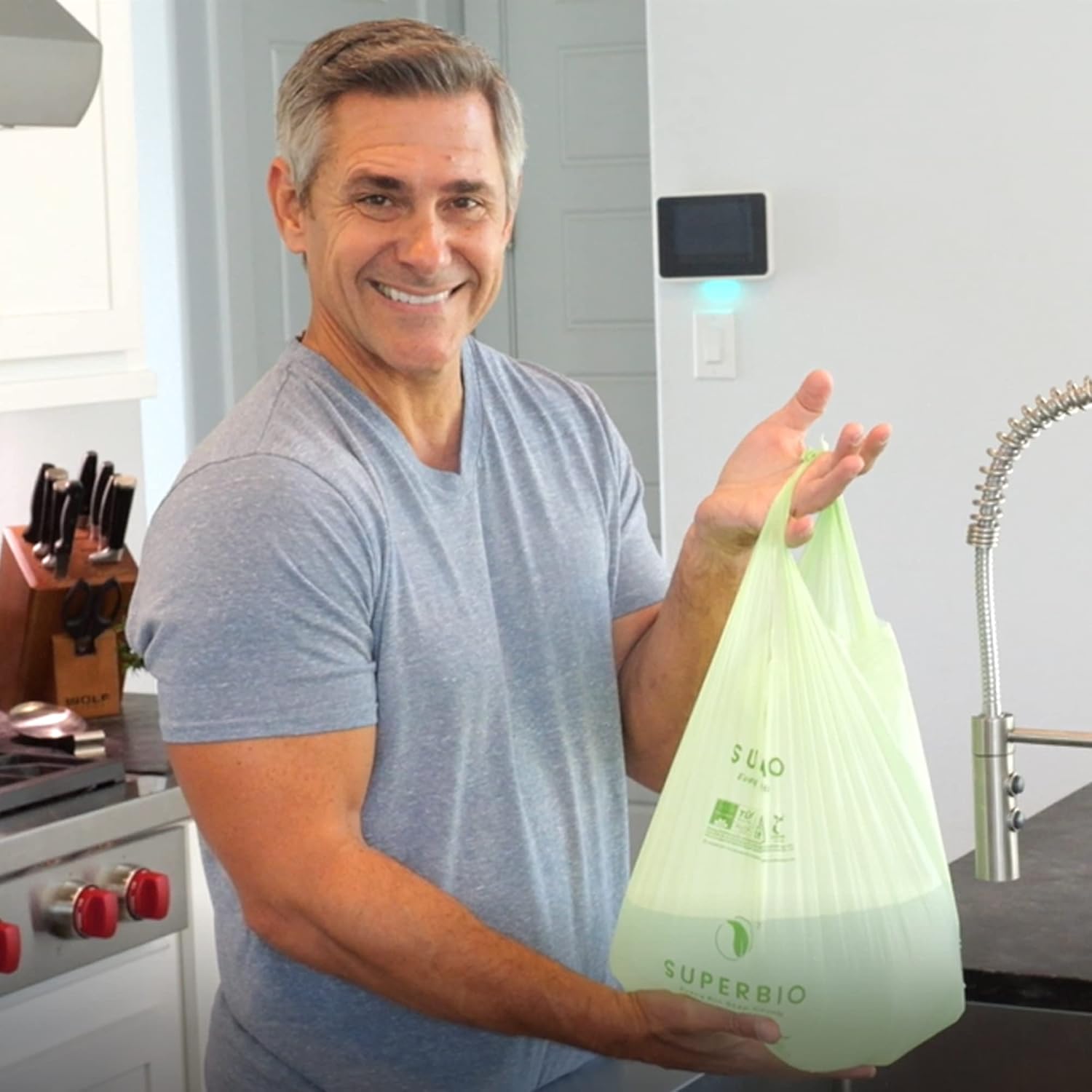 SUPERBIO 1.6 Gallon Handle Tie Compostable Food Scrap Bags For Counter Top Compost Bin, Small Compost Bags, 50 Count, 6 Liter, BPI & OK compost INDUSTRIAL Certified