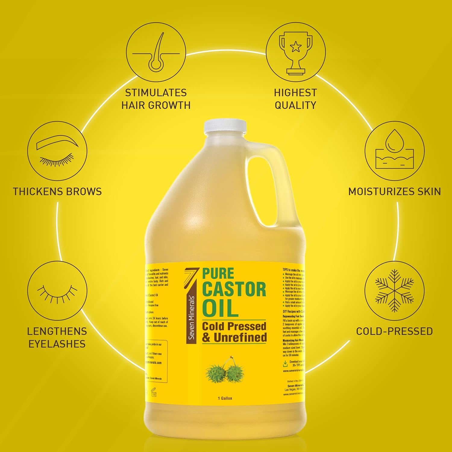 Pure Cold Pressed Castor Oil - Big 32 fl oz Bottle - Unrefined & Hexane Free - 100% Pure Castor Oil for Hair Growth, Thicker Eyelashes & Eyebrows, Dry Skin, Healing, Hair Care, Joint and Muscle Pain