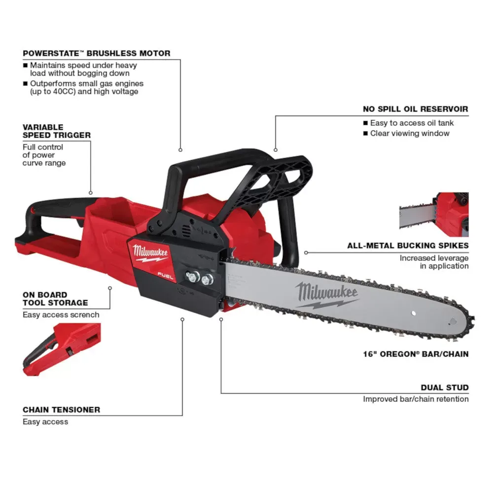 Milwaukee 2727-20 M18 FUEL 18V 16-Inch Cordless Chainsaw - Bare Tool
