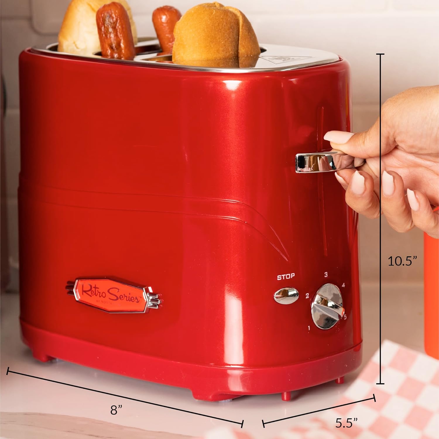 Nostalgia 2 Slot Hot Dog and Bun Toaster with Mini Tongs, Retro Toaster, Cooker that Works Chicken, Turkey, Veggie Links, Sausages Brats, Metallic Red