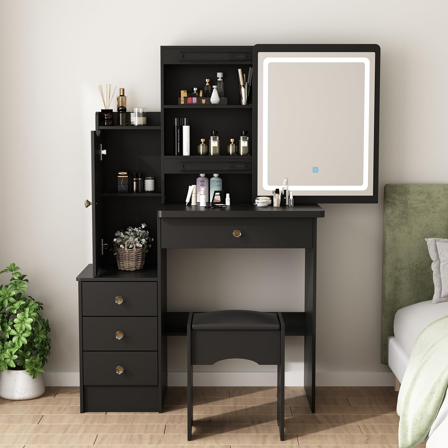 PREMTURE Dressing Table with LED Lighting, Cosmetic Table with Open Shelf and 4 Drawers, Dressing Table with Stool, Dressing Tables, Large Storage Space, MDF, 90 W x 40 D x 135 H cm