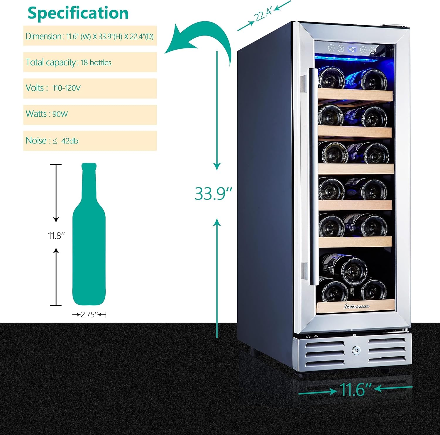 Kalamera 24 inch Wine Cooler, 46 Bottle - Dual Zone Built-in or Freestanding Fridge with Stainless Steel Reversible Glass Door, for Home, Kitchen, or Office.