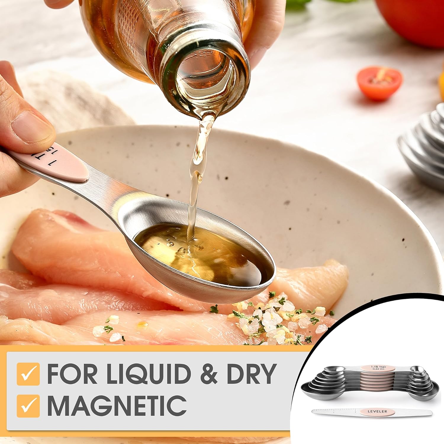 Spring Chef Magnetic Measuring Spoons Set with Strong N45 Magnets, Heavy Duty Stainless Steel Metal, Fits in Most Kitchen Spice Jars for Baking & Cooking, BPA Free, Black, Set of 8 with Leveler