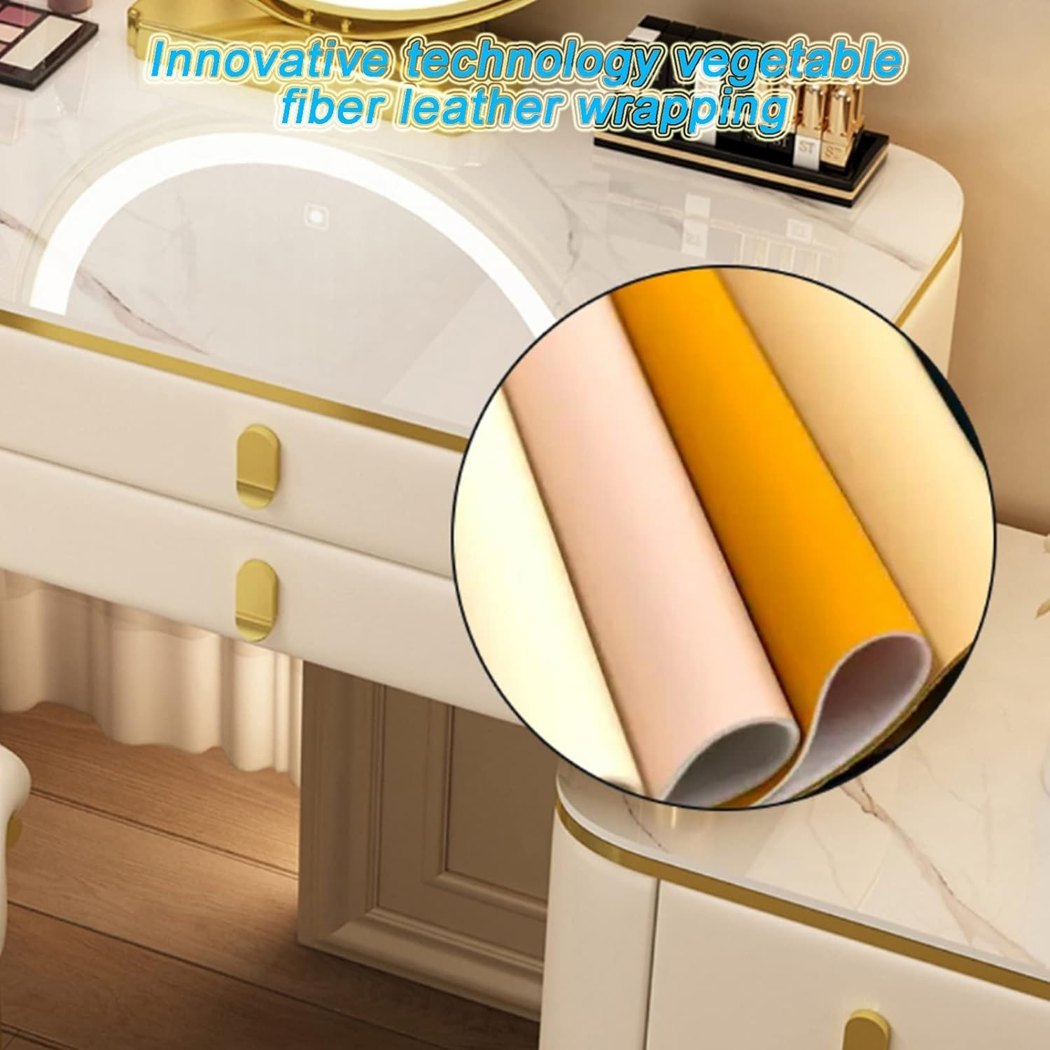 BUJOG Dressing Table with Lighted Mirror, Dressing Table with Padded Stool and 6 Drawers, Dressing Table Set with 3 Colour Lighting Modes, Storage Shelves for Girls and Women Bedrooms