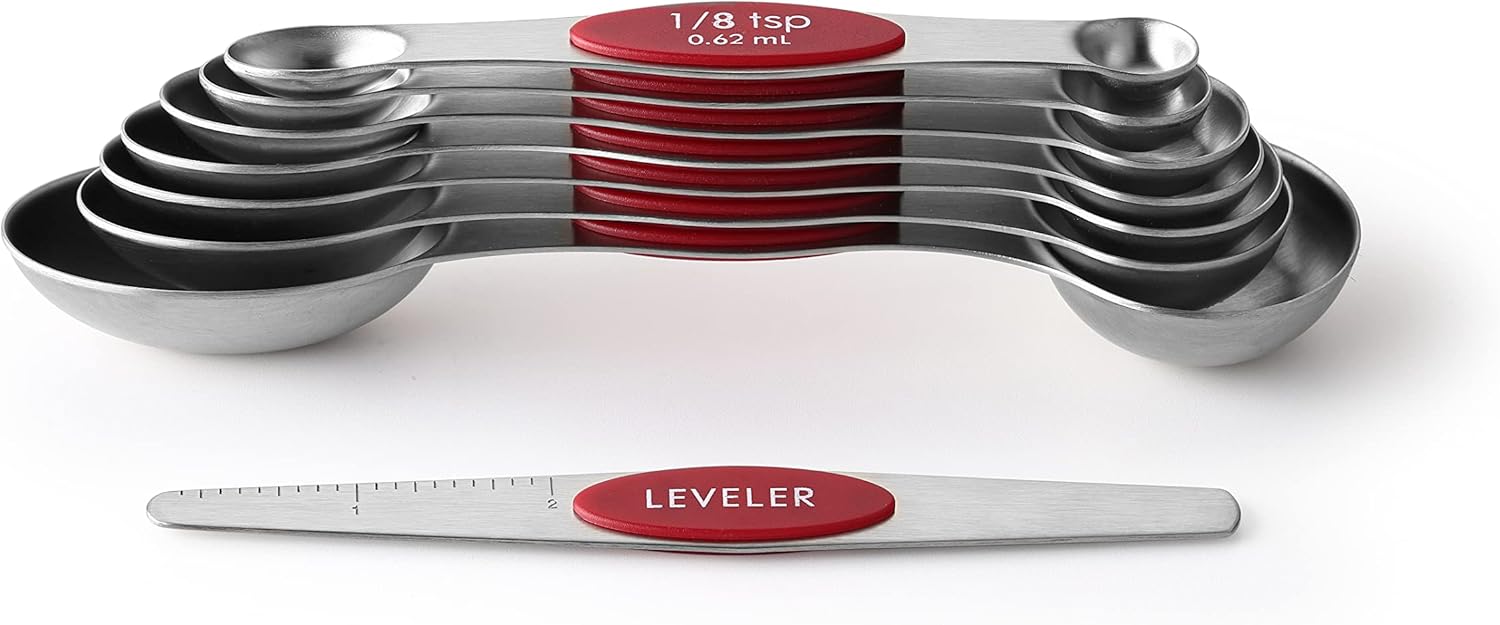 Spring Chef Magnetic Measuring Spoons Set with Strong N45 Magnets, Heavy Duty Stainless Steel Metal, Fits in Most Kitchen Spice Jars for Baking & Cooking, BPA Free, Black, Set of 8 with Leveler